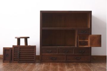 アンティーク家具　和製アンティーク　明治大正期　前面ヒノキ・ケヤキ材　味わい深い木肌が魅力の帳場箪笥(時代箪笥、重ね箪笥)(R-038666)