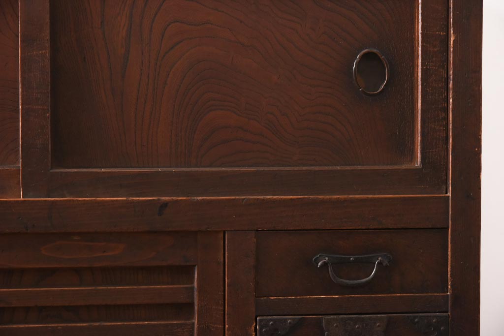 アンティーク家具　和製アンティーク　明治大正期　前面ヒノキ・ケヤキ材　味わい深い木肌が魅力の帳場箪笥(時代箪笥、重ね箪笥)(R-038666)