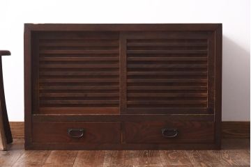 アンティーク家具　明治大正期　前面ケヤキ材・ヒノキ材　和の風情漂う横桟が目を惹く帳場箪笥(ローボード、収納棚)(R-038667)