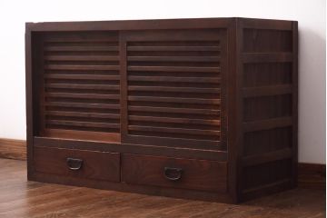 アンティーク家具　明治大正期　前面ケヤキ材・ヒノキ材　和の風情漂う横桟が目を惹く帳場箪笥(ローボード、収納棚)(R-038667)