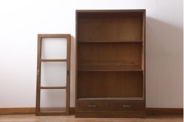 アンティーク家具　昭和中期　銀モールガラス　温かみのある木肌が魅力のレトロなガラス戸棚(収納棚、食器棚、キャビネット)(R-038684)