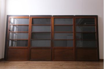 アンティーク建具　当店オリジナルガラス入り　昭和レトロ　市松模様のガラスがおしゃれな引き戸4枚セット(建具、ガラス戸)(R-038719)