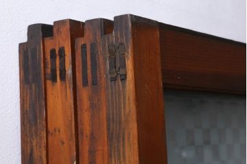 アンティーク建具　当店オリジナルガラス入り　昭和レトロ　市松模様のガラスがおしゃれな引き戸4枚セット(建具、ガラス戸)(R-038719)