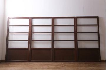 アンティーク建具　当店オリジナルガラス入り　昭和レトロ　市松模様のガラスがおしゃれな引き戸4枚セット(建具、ガラス戸)(R-038719)
