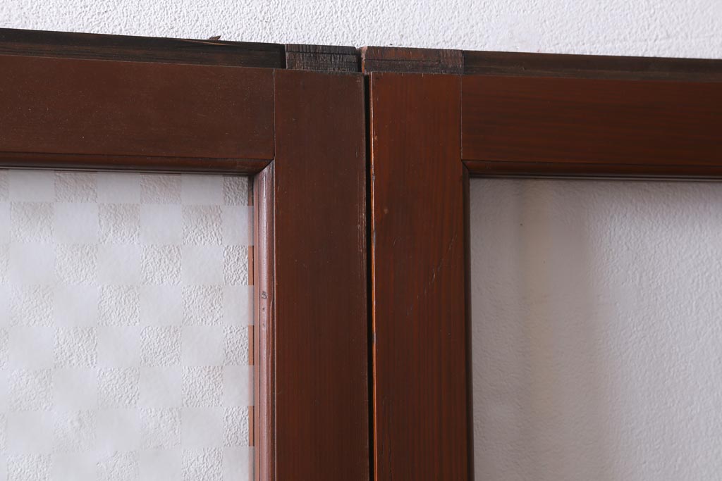 アンティーク建具　当店オリジナルガラス入り　昭和レトロ　市松模様のガラスがおしゃれな引き戸4枚セット(建具、ガラス戸)(R-038719)