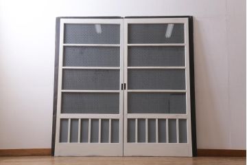 アンティーク建具　和製アンティーク　当店オリジナルガラス入り　ホワイトペイントが爽やかなガラス戸2枚セット(引き戸、建具)(R-038720)