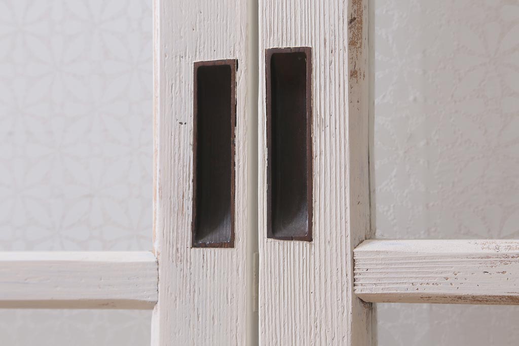 アンティーク建具　和製アンティーク　当店オリジナルガラス入り　ホワイトペイントが爽やかなガラス戸2枚セット(引き戸、建具)(R-038720)