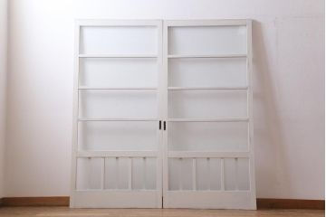 アンティーク建具　和製アンティーク　当店オリジナルガラス入り　ホワイトペイントが爽やかなガラス戸2枚セット(引き戸、建具)(R-038720)