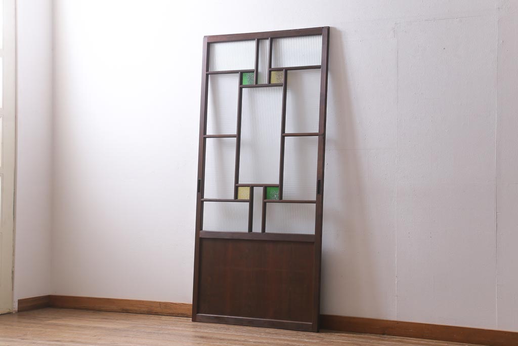 アンティーク建具　和製アンティーク　当時物色ガラス入り!　大正ロマン　モールガラス　色ガラスがレトロなガラス戸1枚(建具、引き戸)(R-038726)