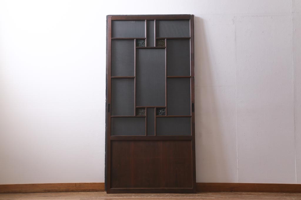 アンティーク建具　和製アンティーク　当時物色ガラス入り!　大正ロマン　モールガラス　色ガラスがレトロなガラス戸1枚(建具、引き戸)(R-038726)