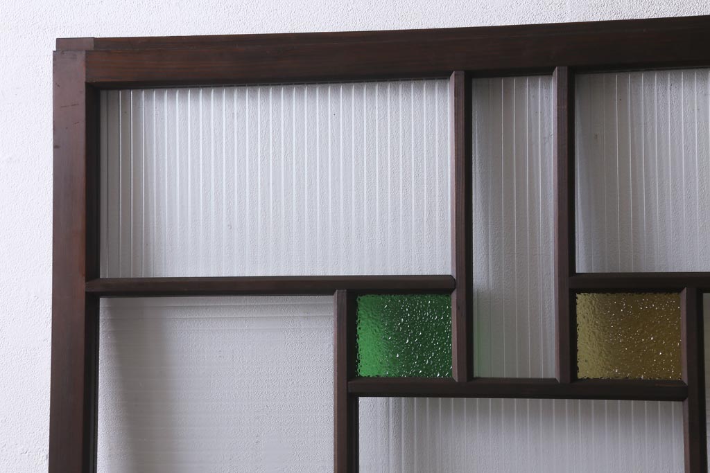 アンティーク建具　和製アンティーク　当時物色ガラス入り!　大正ロマン　モールガラス　色ガラスがレトロなガラス戸1枚(建具、引き戸)(R-038726)