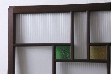 アンティーク建具　和製アンティーク　当時物色ガラス入り!　大正ロマン　モールガラス　色ガラスがレトロなガラス戸1枚(建具、引き戸)(R-038726)