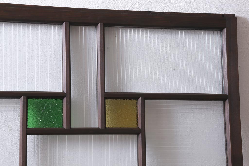 アンティーク建具　和製アンティーク　当時物色ガラス入り!　大正ロマン　モールガラス　色ガラスがレトロなガラス戸1枚(建具、引き戸)(R-038726)