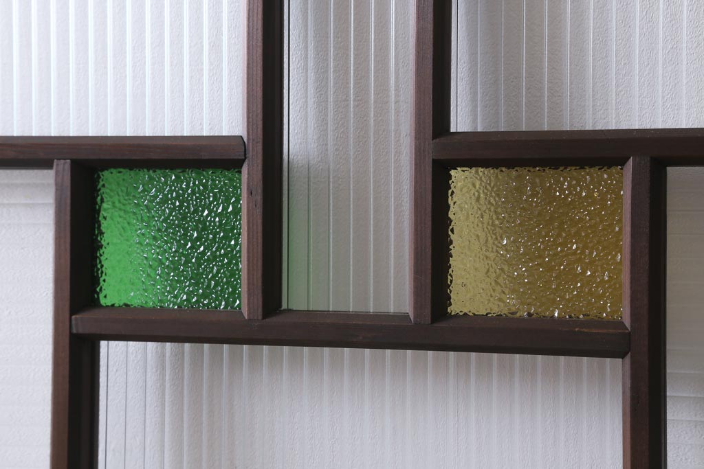 アンティーク建具　和製アンティーク　当時物色ガラス入り!　大正ロマン　モールガラス　色ガラスがレトロなガラス戸1枚(建具、引き戸)(R-038726)