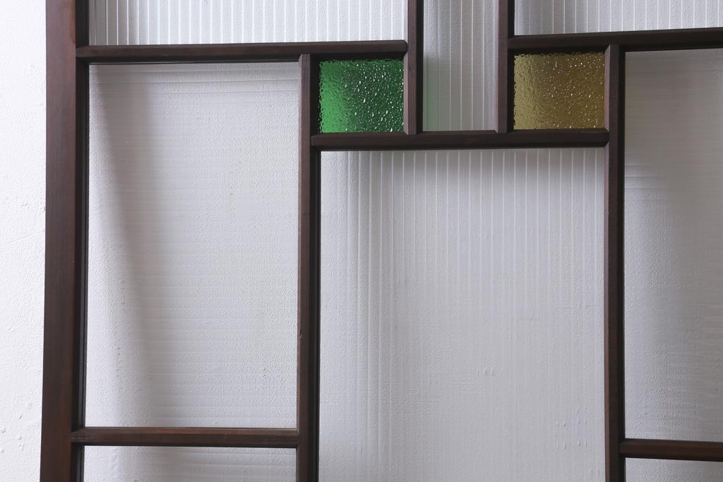 アンティーク建具　和製アンティーク　当時物色ガラス入り!　大正ロマン　モールガラス　色ガラスがレトロなガラス戸1枚(建具、引き戸)(R-038726)