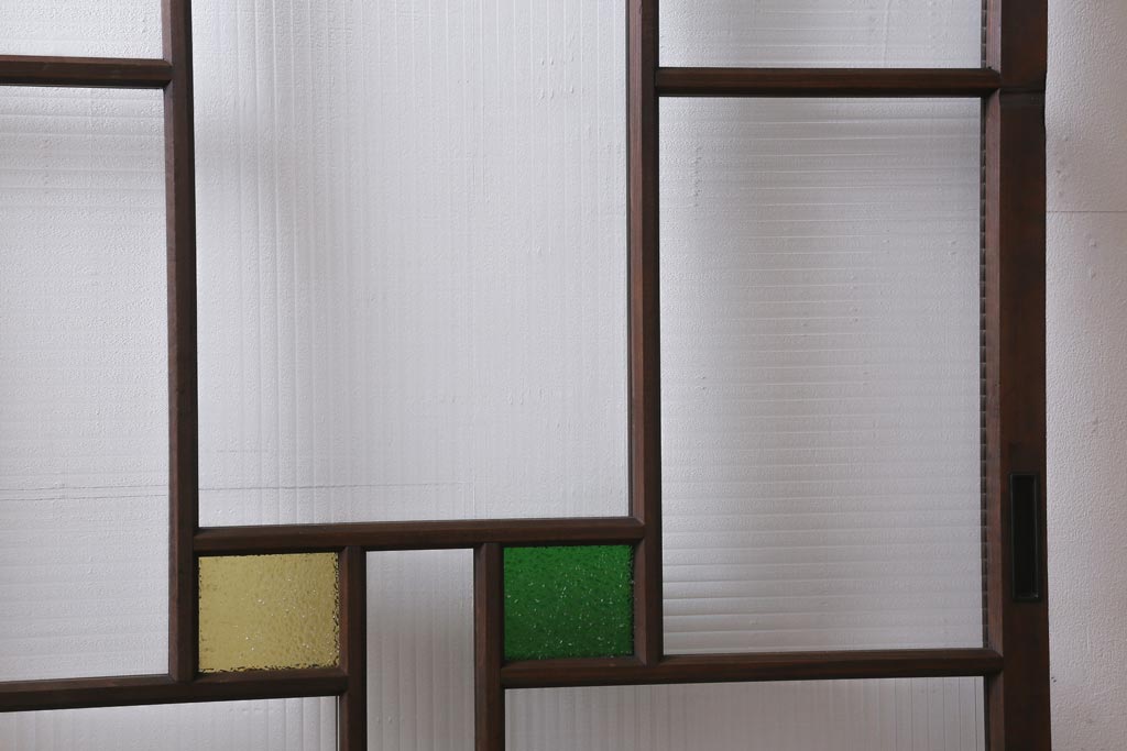 アンティーク建具　和製アンティーク　当時物色ガラス入り!　大正ロマン　モールガラス　色ガラスがレトロなガラス戸1枚(建具、引き戸)(R-038726)