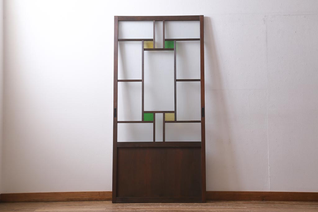 アンティーク建具　和製アンティーク　当時物色ガラス入り!　大正ロマン　モールガラス　色ガラスがレトロなガラス戸1枚(建具、引き戸)(R-038726)