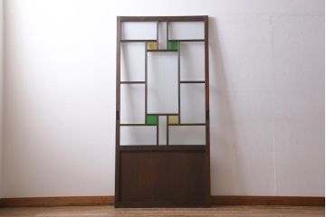 アンティーク建具　和製アンティーク　当時物色ガラス入り!　大正ロマン　モールガラス　色ガラスがレトロなガラス戸1枚(建具、引き戸)(R-038726)