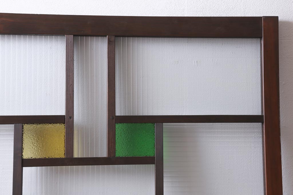 アンティーク建具　和製アンティーク　当時物色ガラス入り!　大正ロマン　モールガラス　色ガラスがレトロなガラス戸1枚(建具、引き戸)(R-038726)