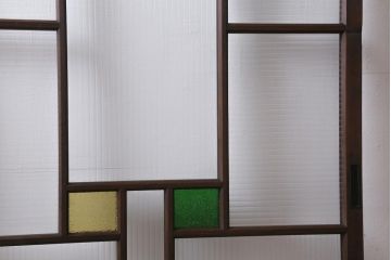 アンティーク建具　和製アンティーク　当時物色ガラス入り!　大正ロマン　モールガラス　色ガラスがレトロなガラス戸1枚(建具、引き戸)(R-038726)