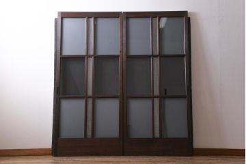 アンティーク建具　和製アンティーク　昭和初期　味のあるレトロな雰囲気を醸し出すガラス戸2枚セット(建具、引き戸)(R-038727)