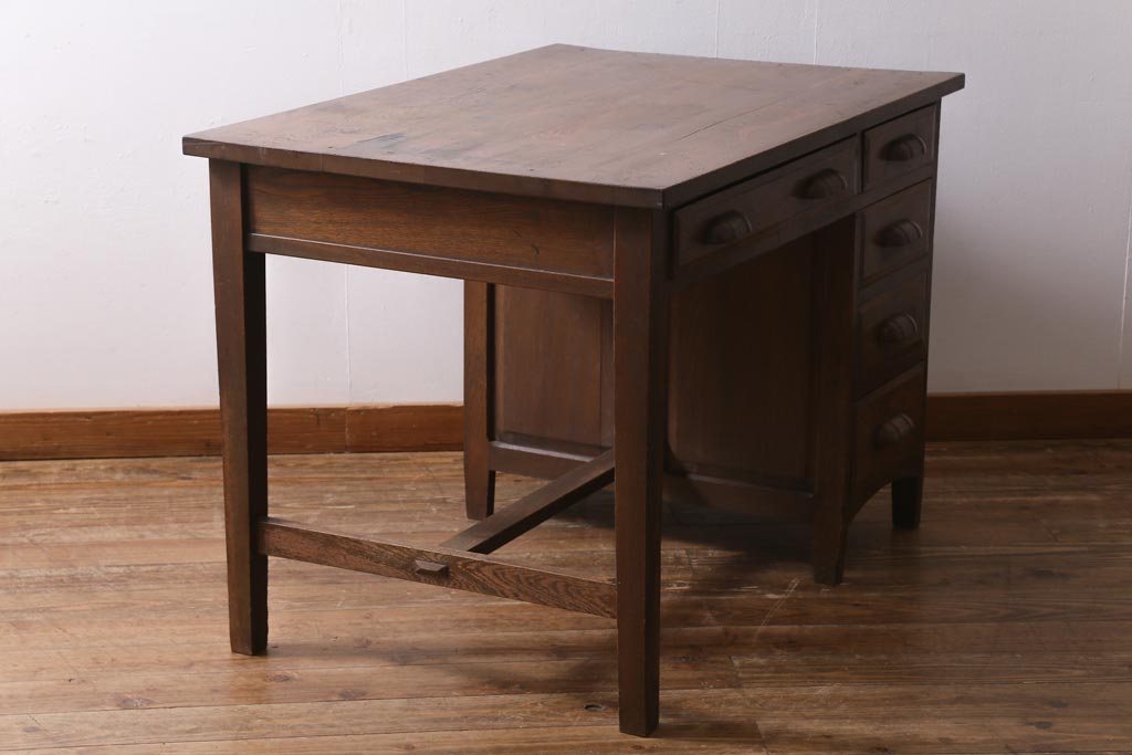 アンティーク家具　上手物!　ナラ材　テーパー脚　レトロな片袖デスク(片袖机、在宅ワーク、在宅用ワークデスク)(R-038787)