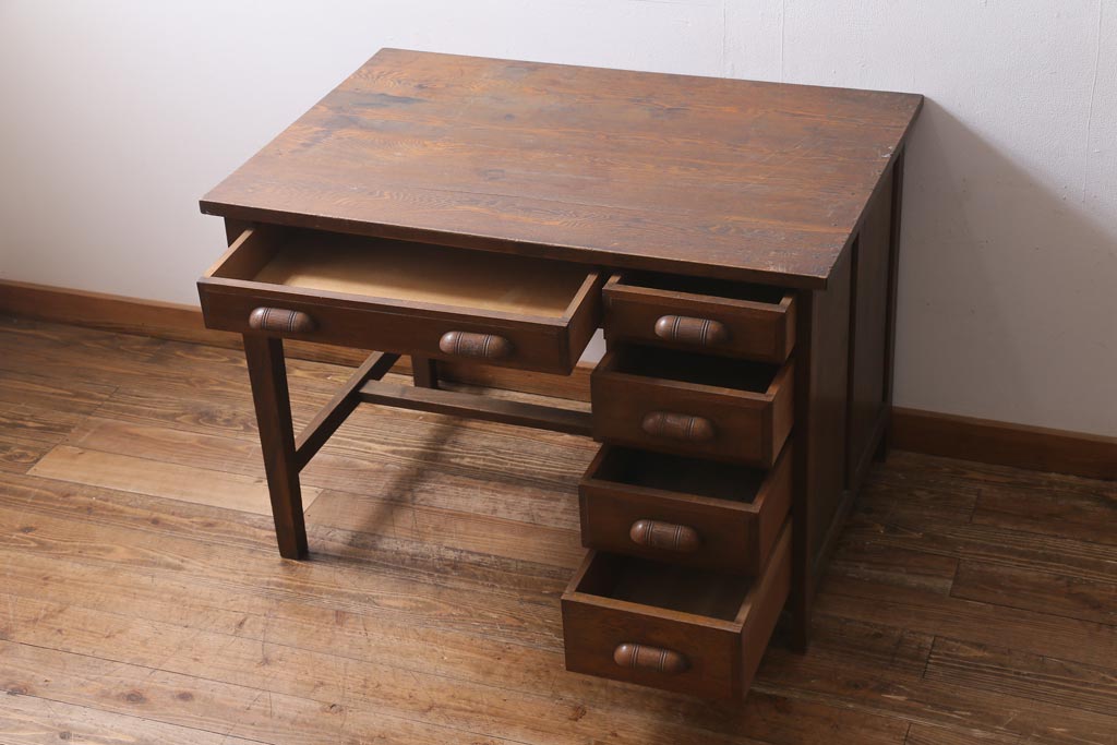 アンティーク家具　上手物!　ナラ材　テーパー脚　レトロな片袖デスク(片袖机、在宅ワーク、在宅用ワークデスク)(R-038787)