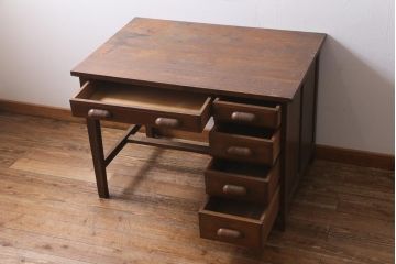 アンティーク家具　上手物!　ナラ材　テーパー脚　レトロな片袖デスク(片袖机、在宅ワーク、在宅用ワークデスク)(R-038787)