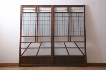 アンティーク建具　和製アンティーク　昭和初期　当時物色ガラス入り!格子のデザインが目を引くガラス戸2枚セット(建具、引き戸)(R-038884)