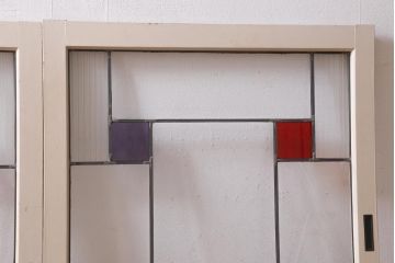 アンティーク建具　和製アンティーク　色ガラス・モールガラス・気泡ガラス入り　ステンドグラスがレトロなガラス戸2枚セット(窓、建具)(R-038885)