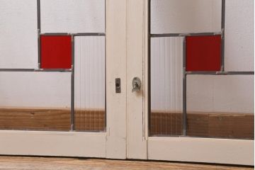 アンティーク建具　和製アンティーク　色ガラス・モールガラス・気泡ガラス入り　ステンドグラスがレトロなガラス戸2枚セット(窓、建具)(R-038885)