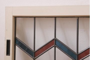 アンティーク建具　古建具リメイク　オリジナルペイント　赤と青のジグザク模様が目を引くガラス戸2枚セット(窓、建具)(R-038888)