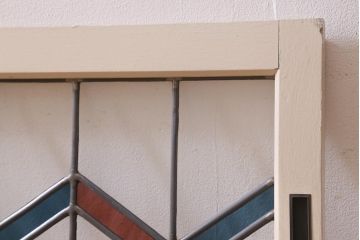 アンティーク建具　古建具リメイク　オリジナルペイント　赤と青のジグザク模様が目を引くガラス戸2枚セット(窓、建具)(R-038888)