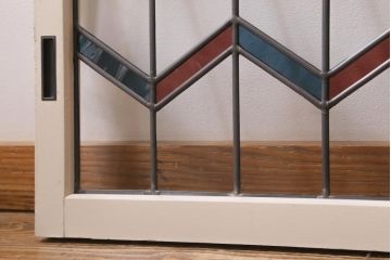 アンティーク建具　古建具リメイク　オリジナルペイント　赤と青のジグザク模様が目を引くガラス戸2枚セット(窓、建具)(R-038888)