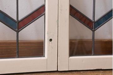 アンティーク建具　古建具リメイク　オリジナルペイント　赤と青のジグザク模様が目を引くガラス戸2枚セット(窓、建具)(R-038888)