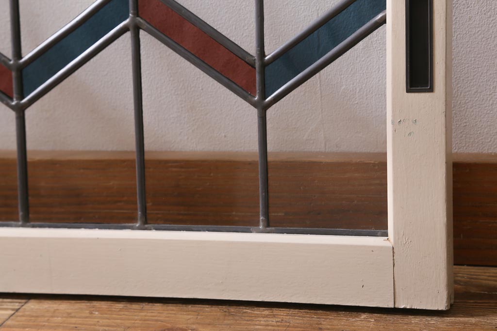 アンティーク建具　古建具リメイク　オリジナルペイント　赤と青のジグザク模様が目を引くガラス戸2枚セット(窓、建具)(R-038888)