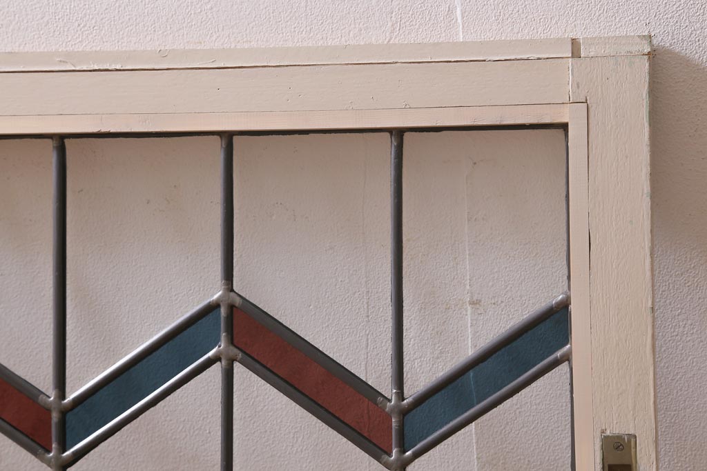 アンティーク建具　古建具リメイク　オリジナルペイント　赤と青のジグザク模様が目を引くガラス戸2枚セット(窓、建具)(R-038888)