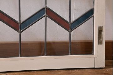 アンティーク建具　古建具リメイク　オリジナルペイント　赤と青のジグザク模様が目を引くガラス戸2枚セット(窓、建具)(R-038888)