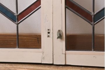 アンティーク建具　古建具リメイク　オリジナルペイント　赤と青のジグザク模様が目を引くガラス戸2枚セット(窓、建具)(R-038888)
