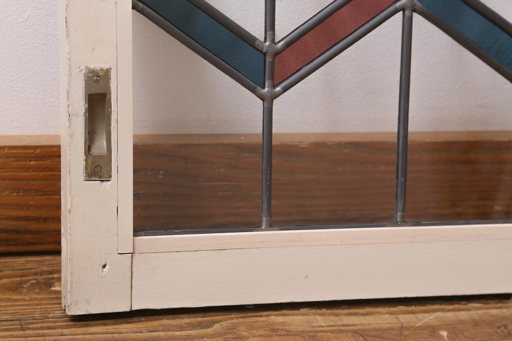 アンティーク建具　古建具リメイク　オリジナルペイント　赤と青のジグザク模様が目を引くガラス戸2枚セット(窓、建具)(R-038888)