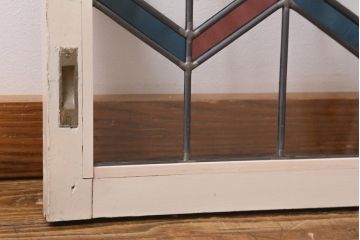 アンティーク建具　古建具リメイク　オリジナルペイント　赤と青のジグザク模様が目を引くガラス戸2枚セット(窓、建具)(R-038888)