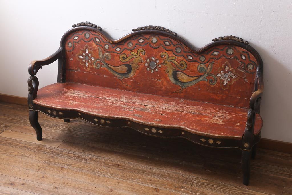 ヴィンテージ家具　エキゾチックなムード漂うベンチ(長椅子、ディスプレイ、ビンテージ)(R-038907)