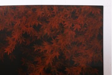中古　漆塗　広堂作　夕焼紅葉図　朱と黒のコントラストが印象的なつい立て(衝立、パーテーション)(R-038912)