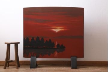 中古　漆塗　広堂作　夕焼紅葉図　朱と黒のコントラストが印象的なつい立て(衝立、パーテーション)(R-038912)