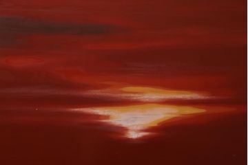 中古　漆塗　広堂作　夕焼紅葉図　朱と黒のコントラストが印象的なつい立て(衝立、パーテーション)(R-038912)