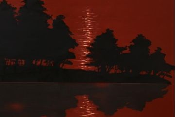 中古　漆塗　広堂作　夕焼紅葉図　朱と黒のコントラストが印象的なつい立て(衝立、パーテーション)(R-038912)