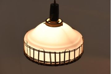 アンティーク照明　昭和レトロ　竹細工が情緒あるペンダントライト(シェード、天井照明、吊り下げ照明)(R-038986)