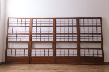 アンティーク家具　和製アンティーク　昭和初期　腰板ケヤキ材　裏障子付き!味わい深い雰囲気ただよう格子戸4枚セット(引き戸、建具)(R-039016)