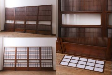 アンティーク家具　和製アンティーク　昭和初期　腰板ケヤキ材　裏障子付き!味わい深い雰囲気ただよう格子戸4枚セット(引き戸、建具)(R-039016)