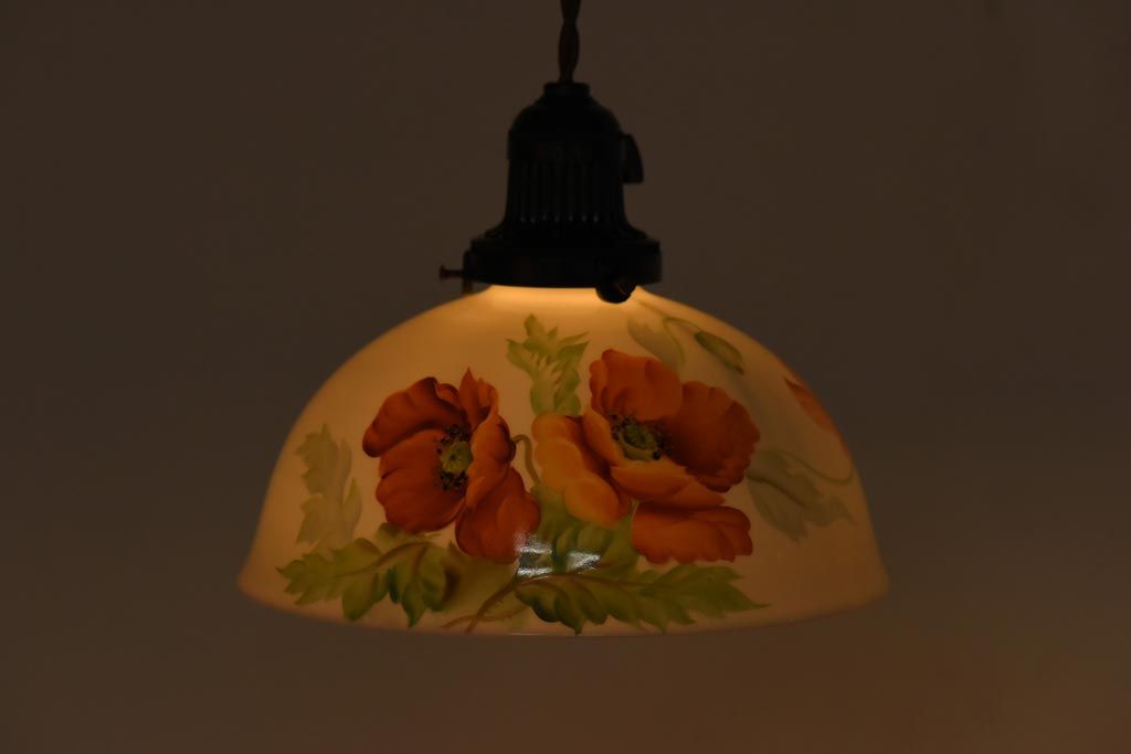 アンティーク照明　オールドノリタケ・則武(日陶)　ポピー(芥子)　鮮やかな絵柄が目を引く電笠(天井照明、シェード)(R-039032)